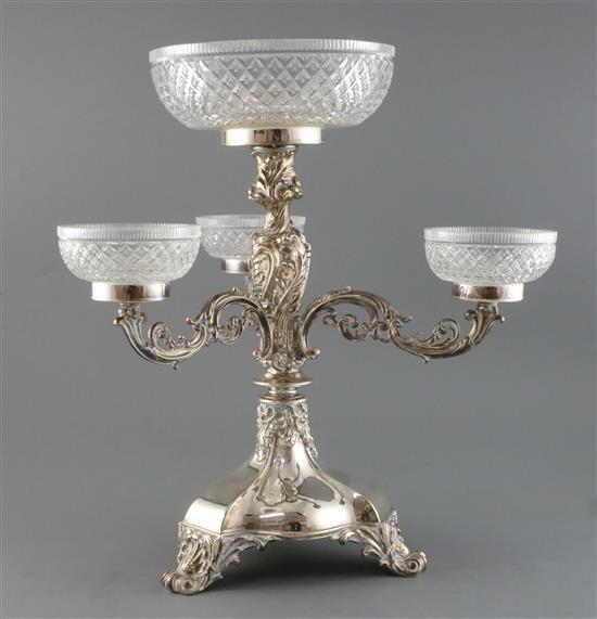 A late Victorian Walker & Hall silver plated centrepiece, H.44.6cm.
